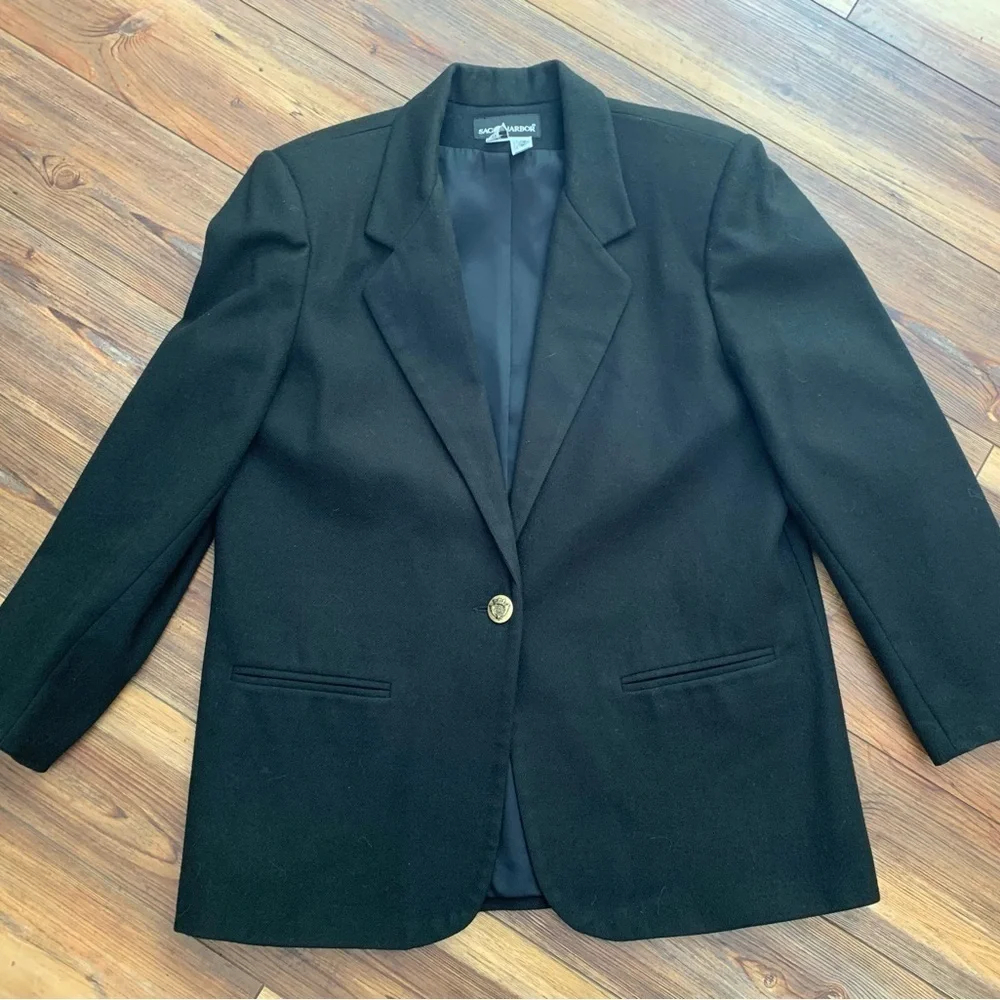 Sag Harbor Black Pure Wool Blazer Size 14 One Button Lined Y2K Vintage Shoulder